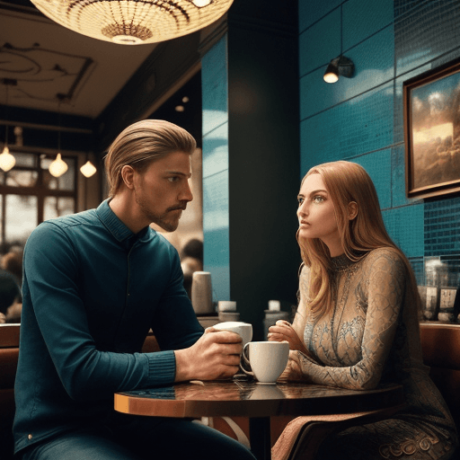 AI generated: A man and a woman are drinking coffee in a coffee shop and the woman has blue eyes, and a lot of mos...