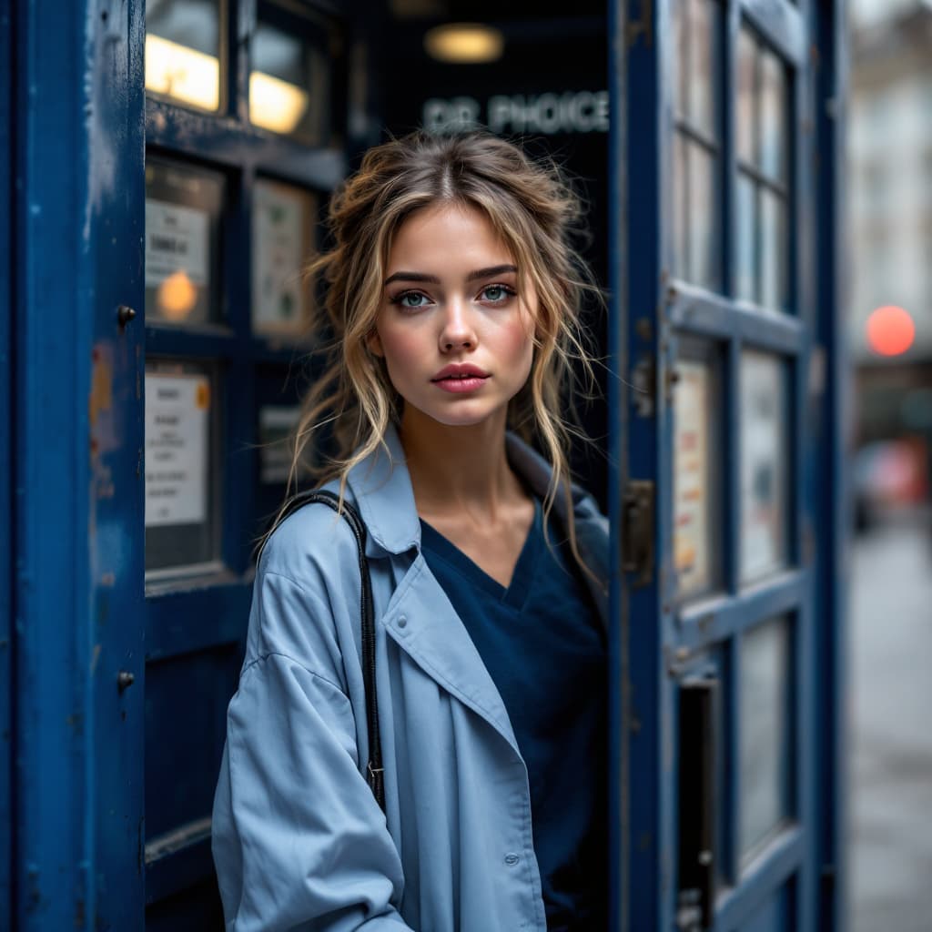 AI generated: Dr.WHO ,pertty young female,she is 30year old, she is stand next to ,60s british police telephone bo...