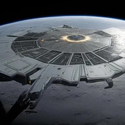 AI generated video: The camera begins from a distant orbital view of a massive circular lunar space station and slowly p...