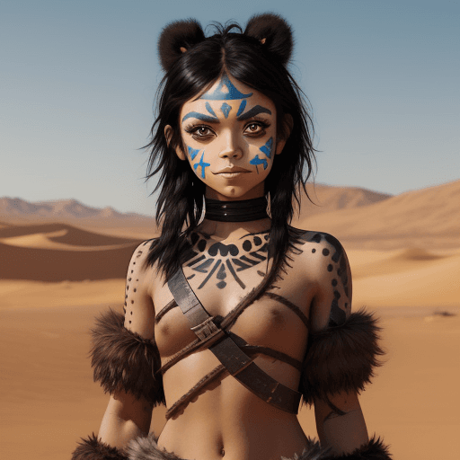 AI generated: a young happy warrior princess in a desert, with face paint, black hair, brown big eyes, short outfi...