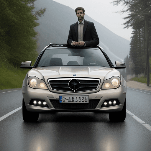 AI generated: mercedese car on the road infrnt of lake and a man standing on the road