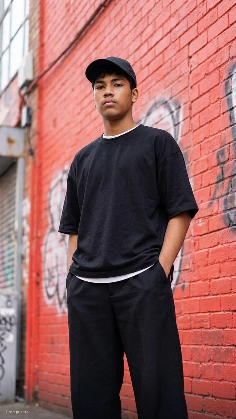 AI generated: capturing a casual yet stylish vibe, a figure in a loose, oversized black street wearing and wide-le...
