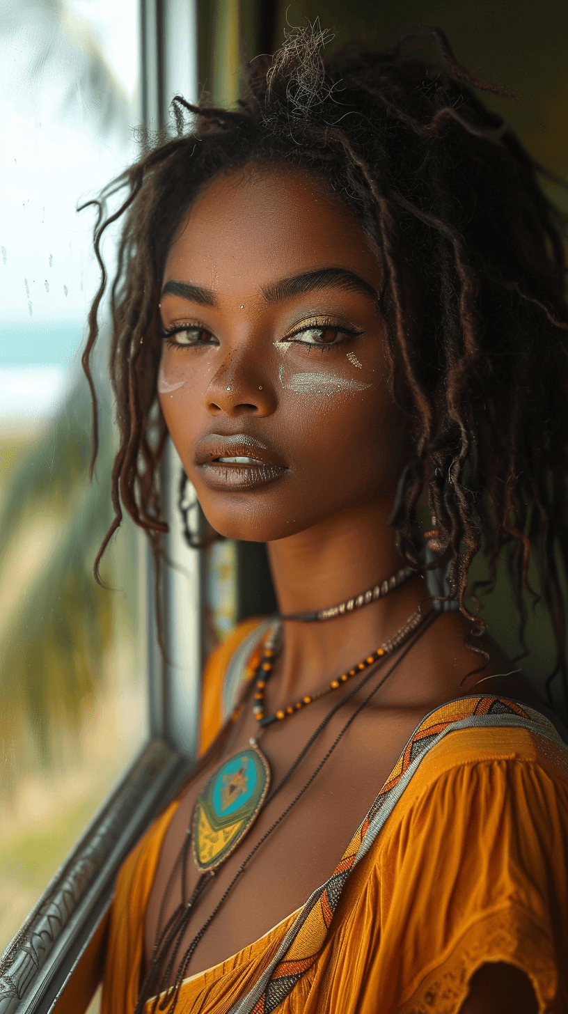 AI generated: A stunning woman, dark skin, mid twenties, model, gazing out a window at the beach, dressed in bohem...