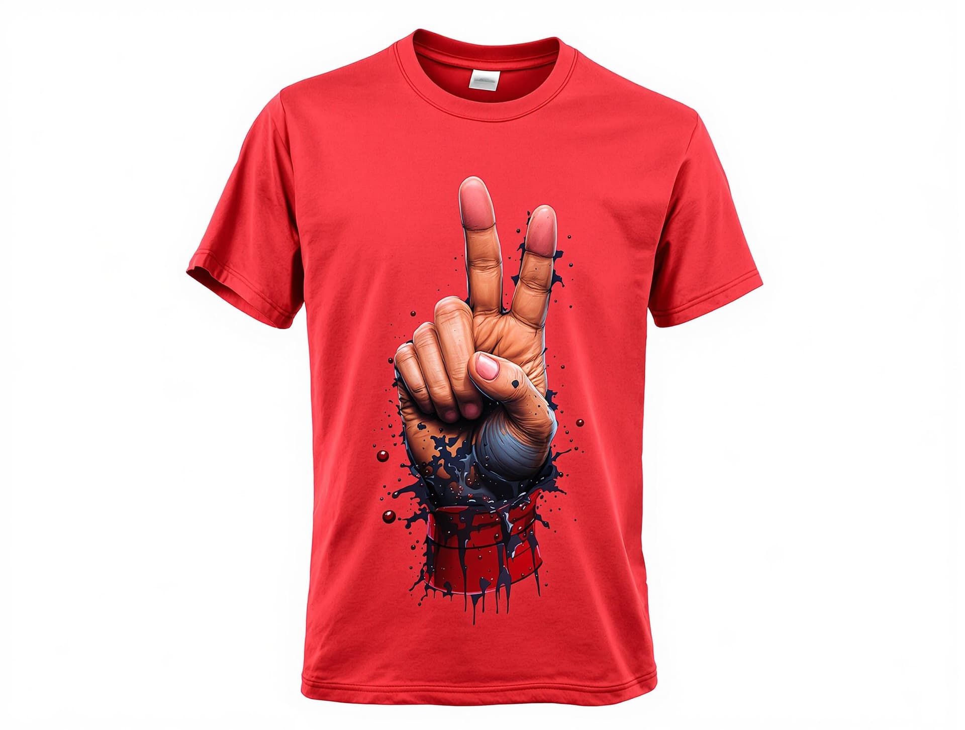 AI generated: A red t-shirt on a stark white backdrop, printed on the shirt is a hand with the first two fingers a...