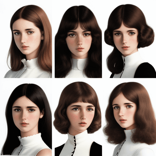 AI generated: A photorealistic image of a magazine page from the early 1970s with six portraits of different young...