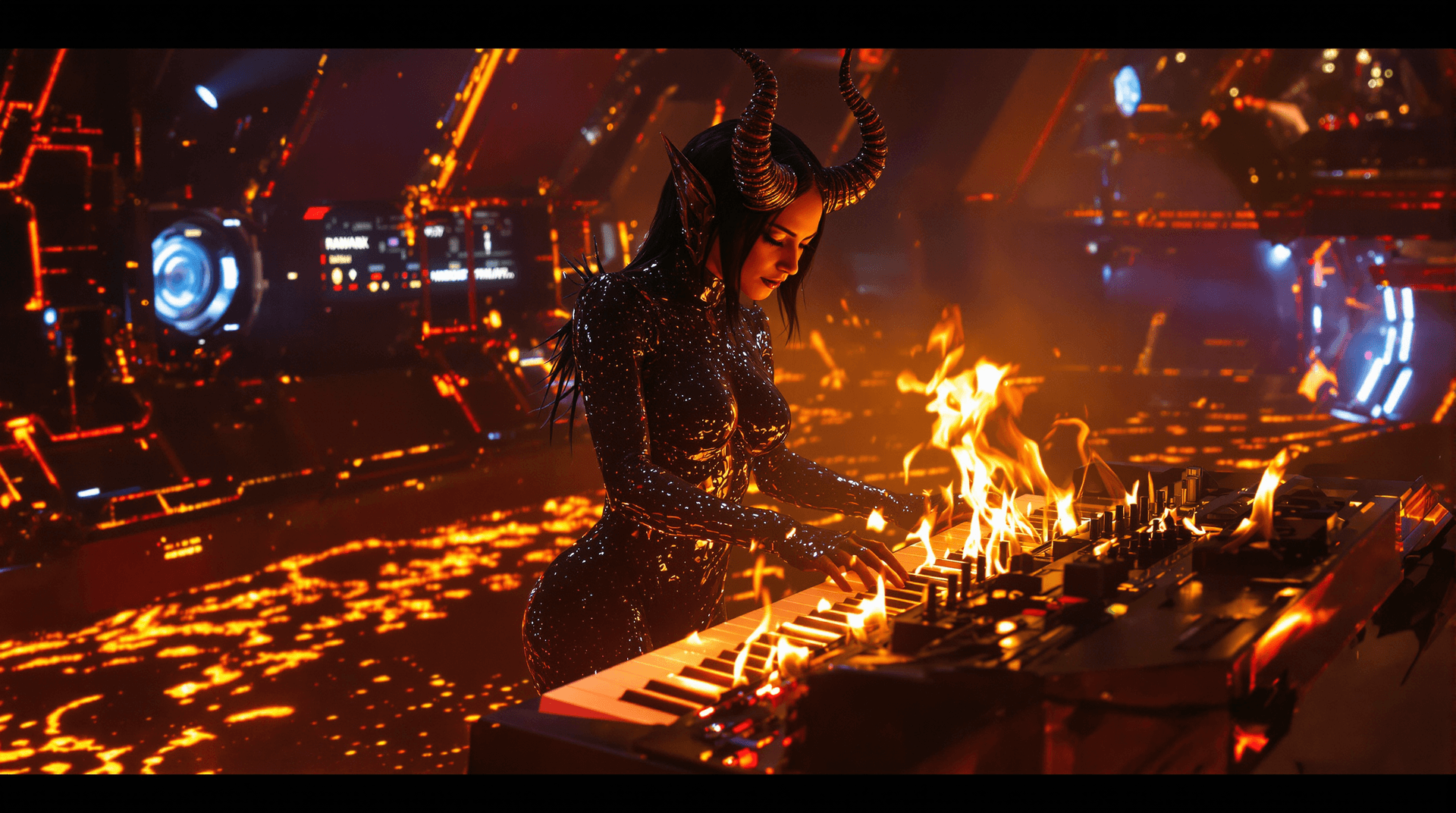 AI generated: High-angle shot, left side of a female red demon character, bathed in warm, golden light, reminiscen...