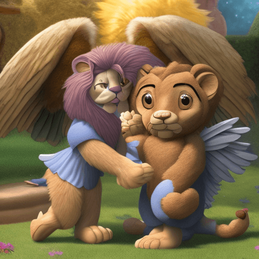 AI generated: Enchanted world: Majestic winged lion embraces a friendly teddy bear in Disney-style magic.
