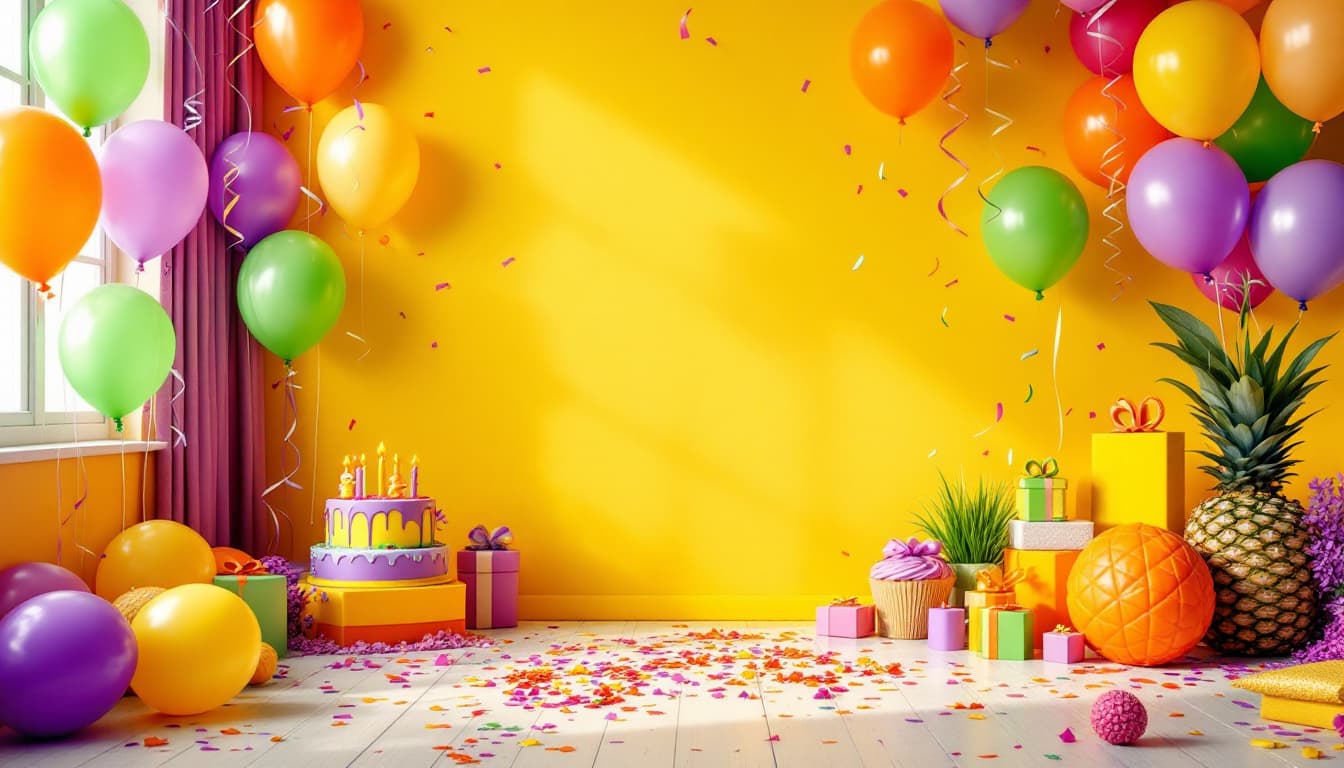 AI generated: yellow room with green, orange and purple birthday decorations, balloons and confetti. 