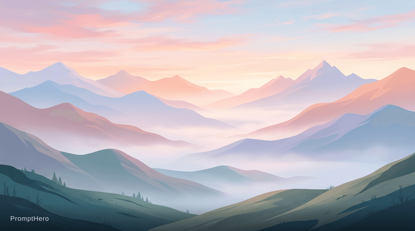 AI generated: minimalist mountain landscape, soft pastel colors, misty valleys, calm and peaceful