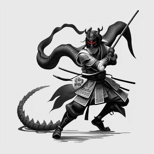 AI generated: japanese samurai in front of a dragon, in the style of minimalist ink wash, 2d game art, witchcore, ...
