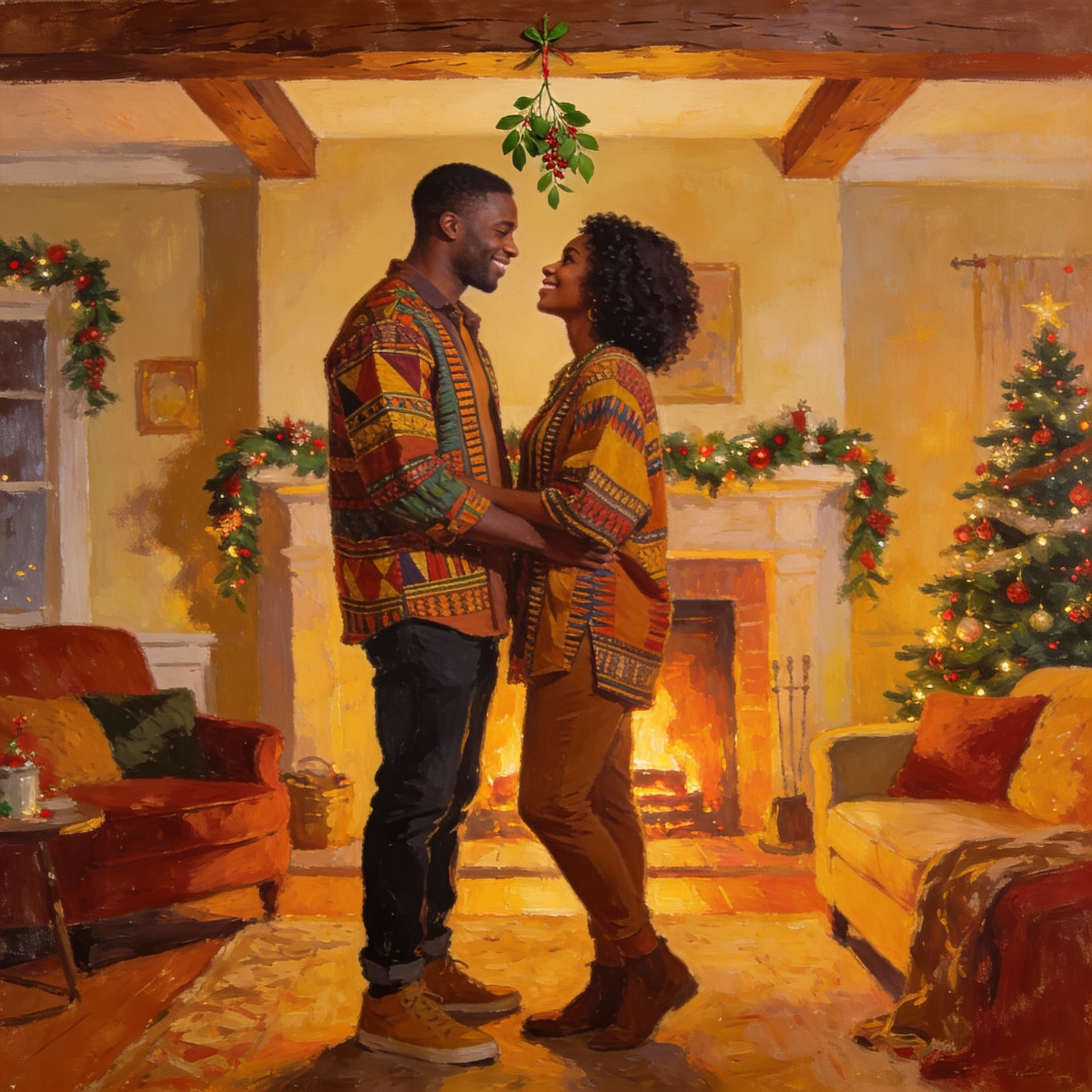 AI generated: FULL BODY VIEW: A warm and inviting living room decorated for the holidays, with soft golden lights ...