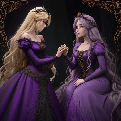 AI generated: Rapunzel aligns with Mother Gothel in a Tangled twist:

1. **Dress:** Purple transforms to a mysteri...