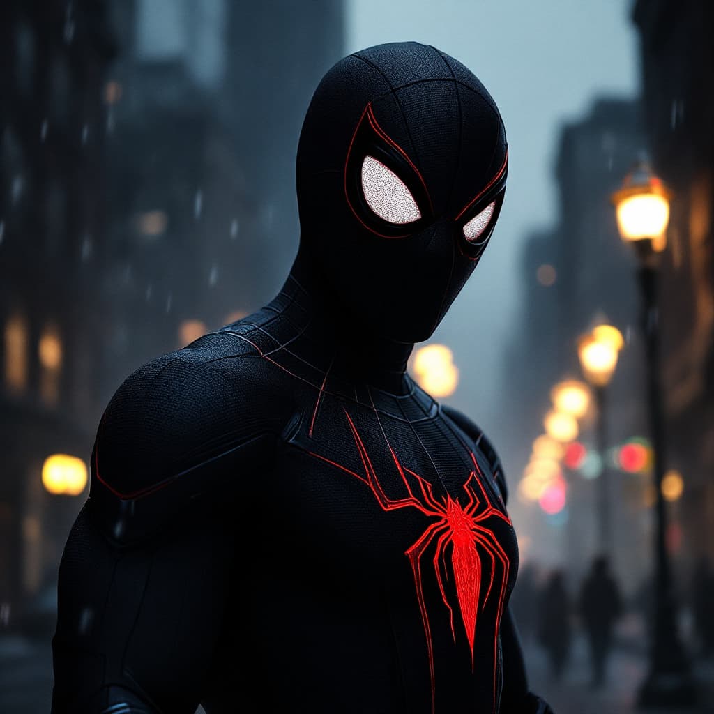 AI generated: A sleek, dark version of Miles Morales as Spider-Man, his suit glowing with dark red and black accen...