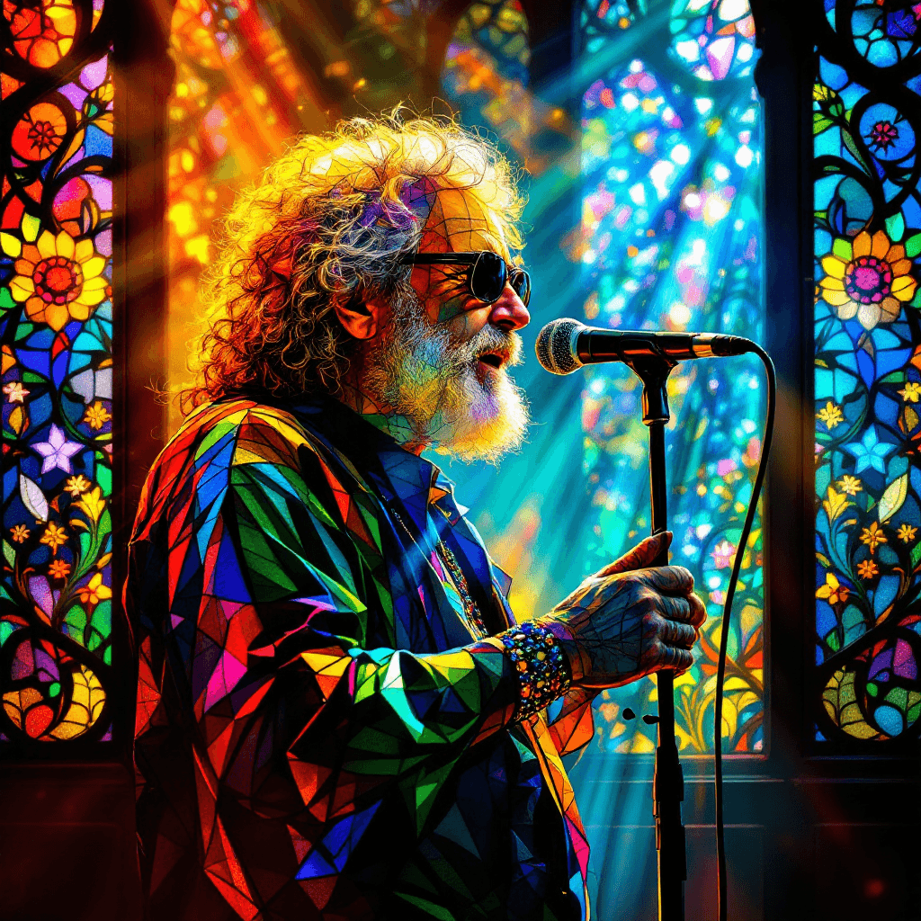 AI generated: a vibrant stained glass art piece of Jerry Garcia of the Grateful Dead, Rays of sunlight shine throu...