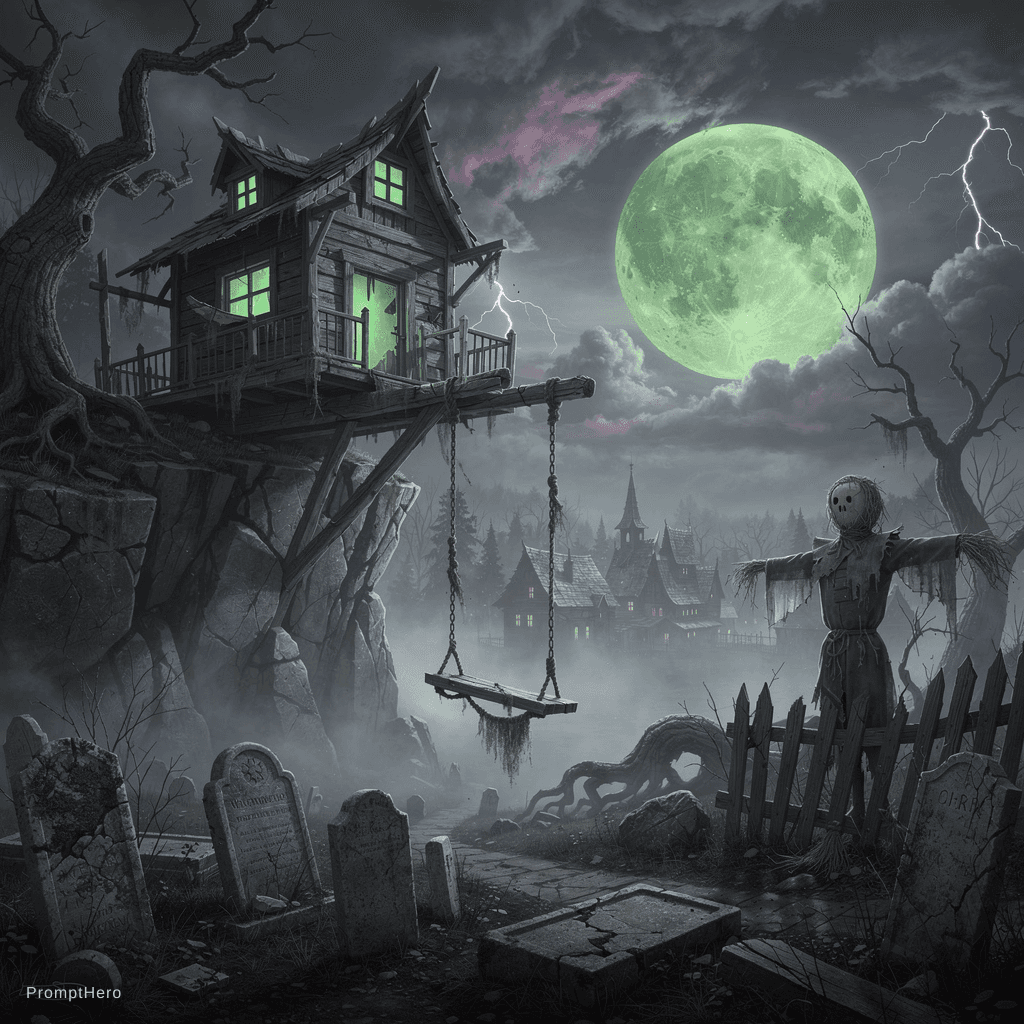 AI generated: A dark gothic fantasy landscape at night, a haunted wooden treehouse perched dramatically on the edg...