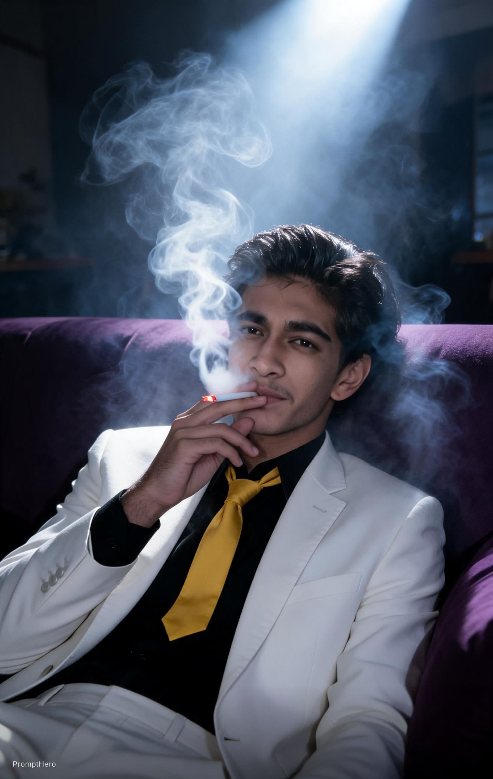 AI generated: snapshot, dimly lit room with a hazy atmosphere, capturing a male model lounging on a deep purple co...