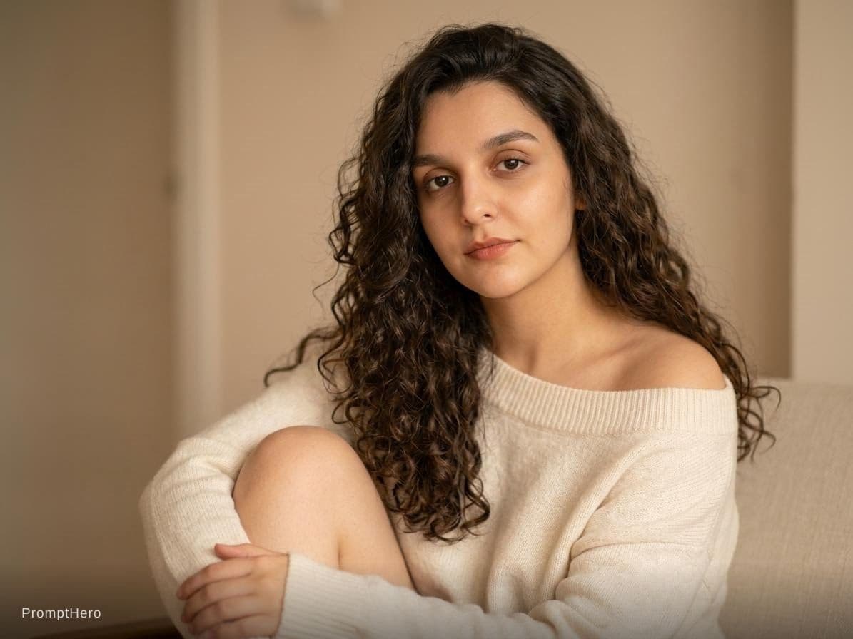 AI generated: A woman with long, curly hair sits elegantly against a soft beige background. She wears a loose-fitt...