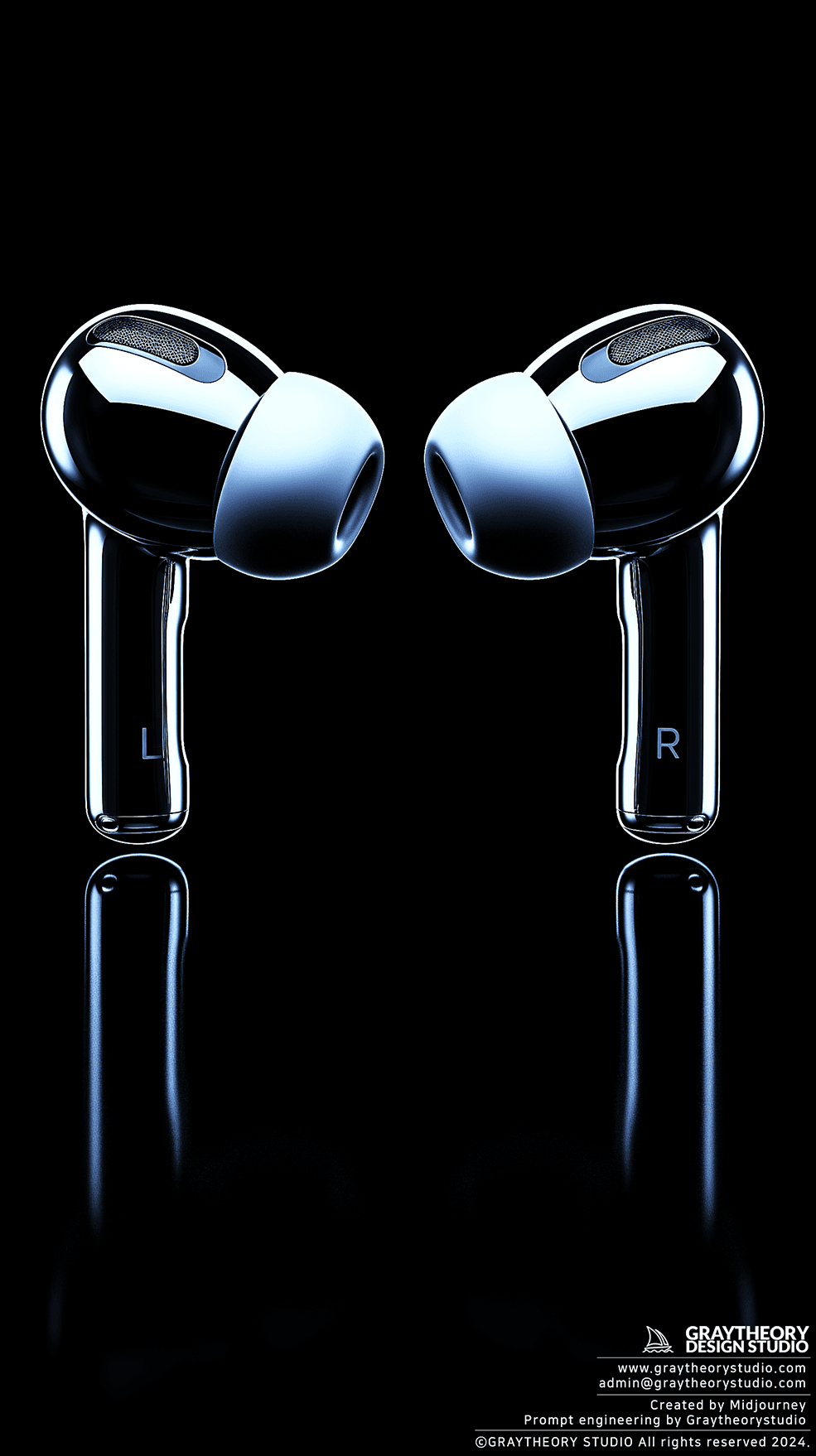 AI generated: Close-up, front shot, Apple Airpod pro, silver color, Fujifilm GFX 100S and a GF32-64mm f/4 lens, bl...