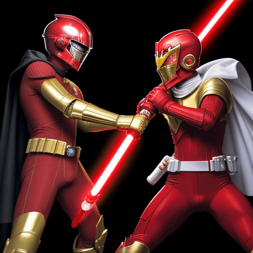 AI generated:  RED SPANDEX SUIT, WITH GOLD GLOVES AND BOOTS , wearing a RED ranger helmet HOLDING a lightsaber vs ...