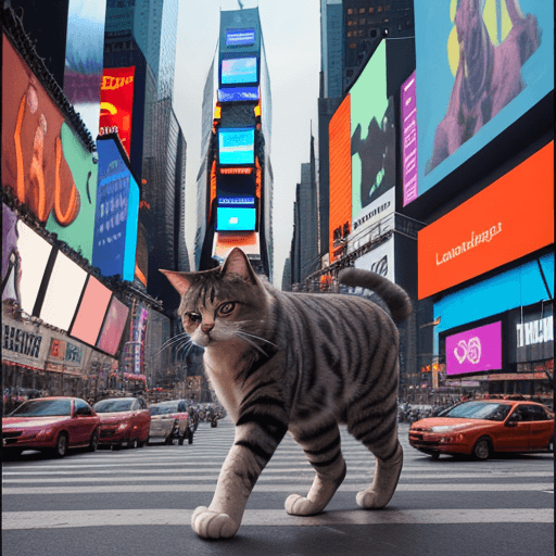 AI generated: A Giant cat walking in the middle of Times Square, vibrant colors, 