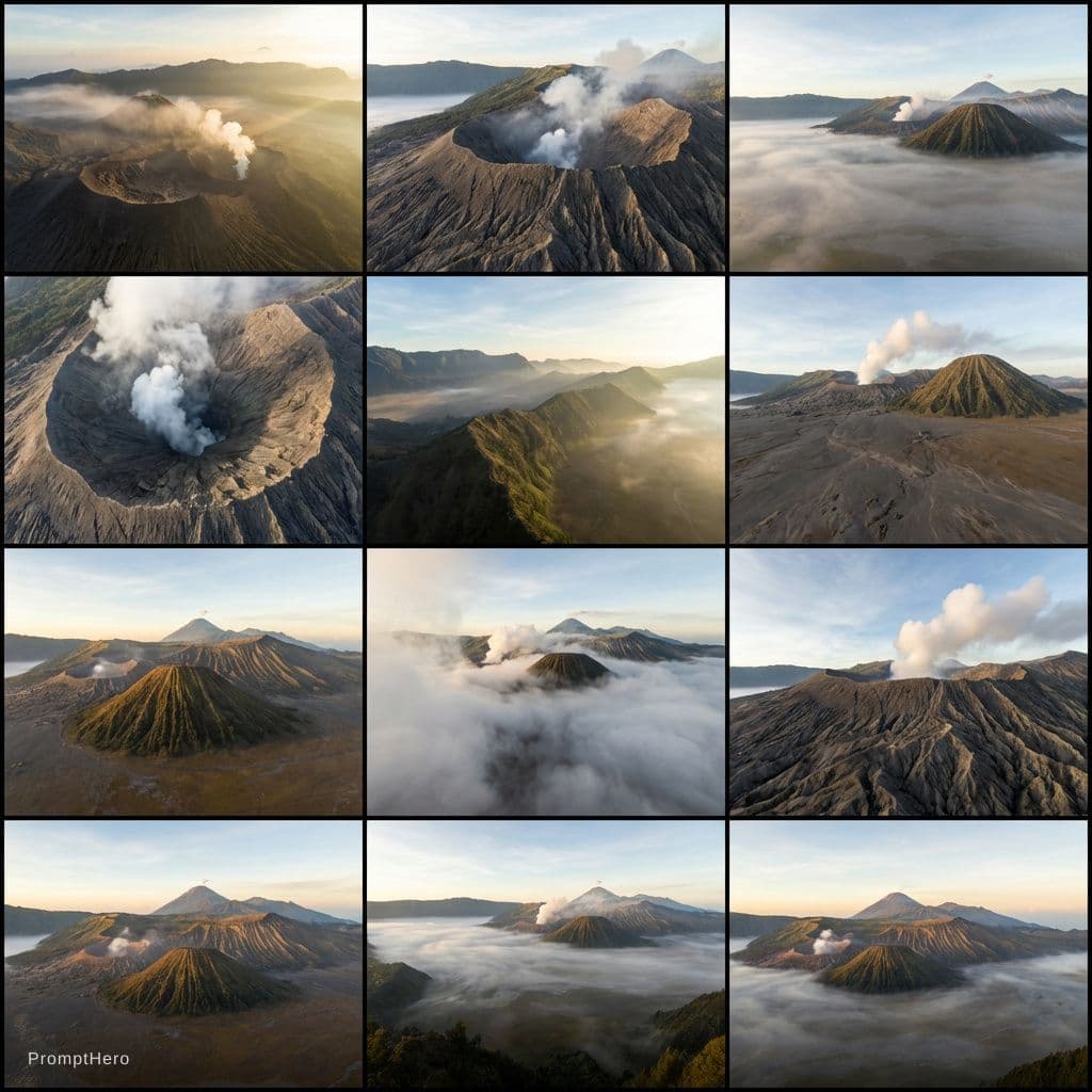 AI generated: Create a nine panel storyboard based on the atmosphere of the reference photo, capturing the Bromo M...
