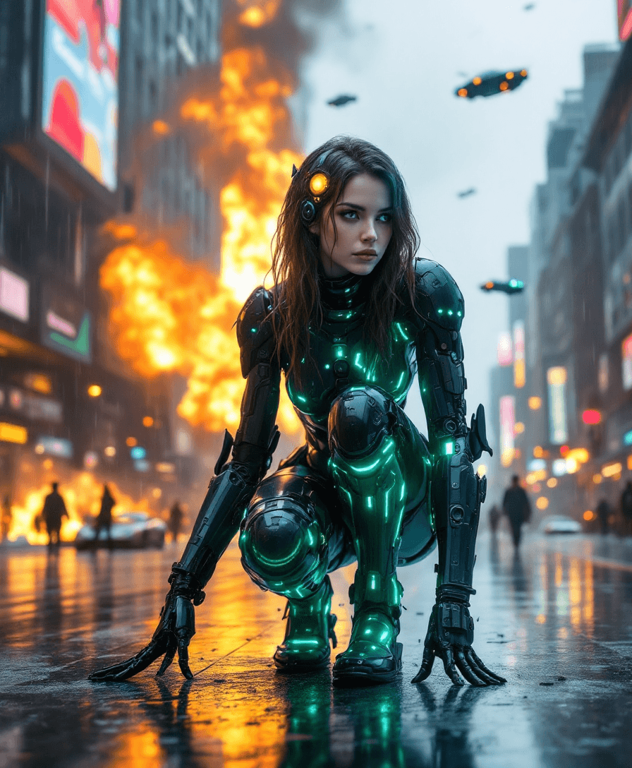 AI generated: A beautiful masterpiece (8K) full-body portrait of a 20-year-old brunette cyborg.  Her helmet is has...