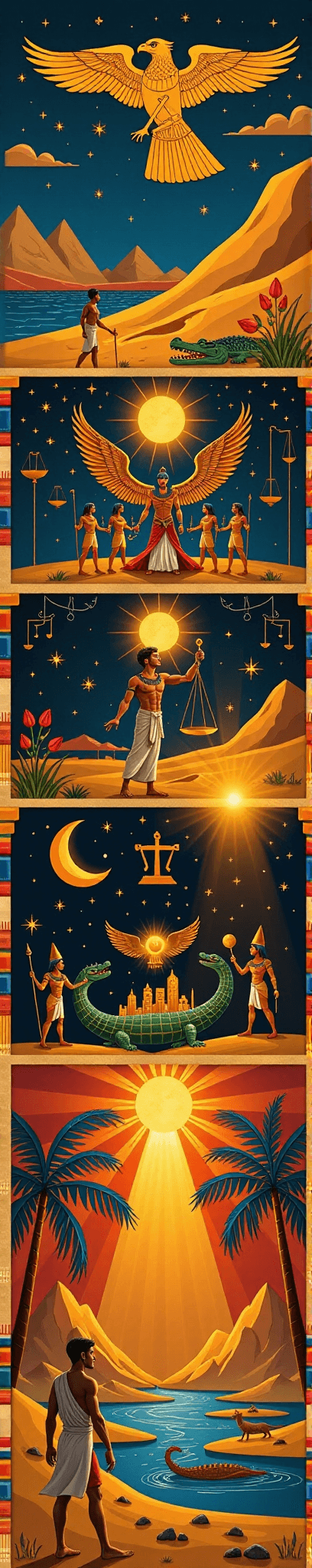 AI generated: A vertical narrative artwork, ancient Egyptian style, painted papyrus or carved stone relief, 5 stac...