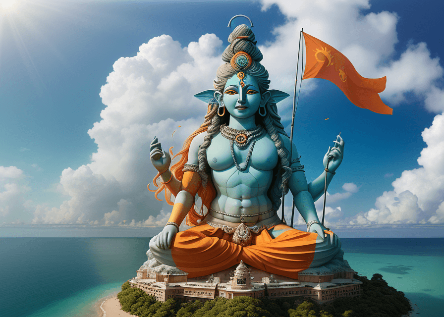 AI generated: Ultra detailed, massive cost of sea view overgrown with clouds, Saffron flag flying on Hindu Lord Sh...