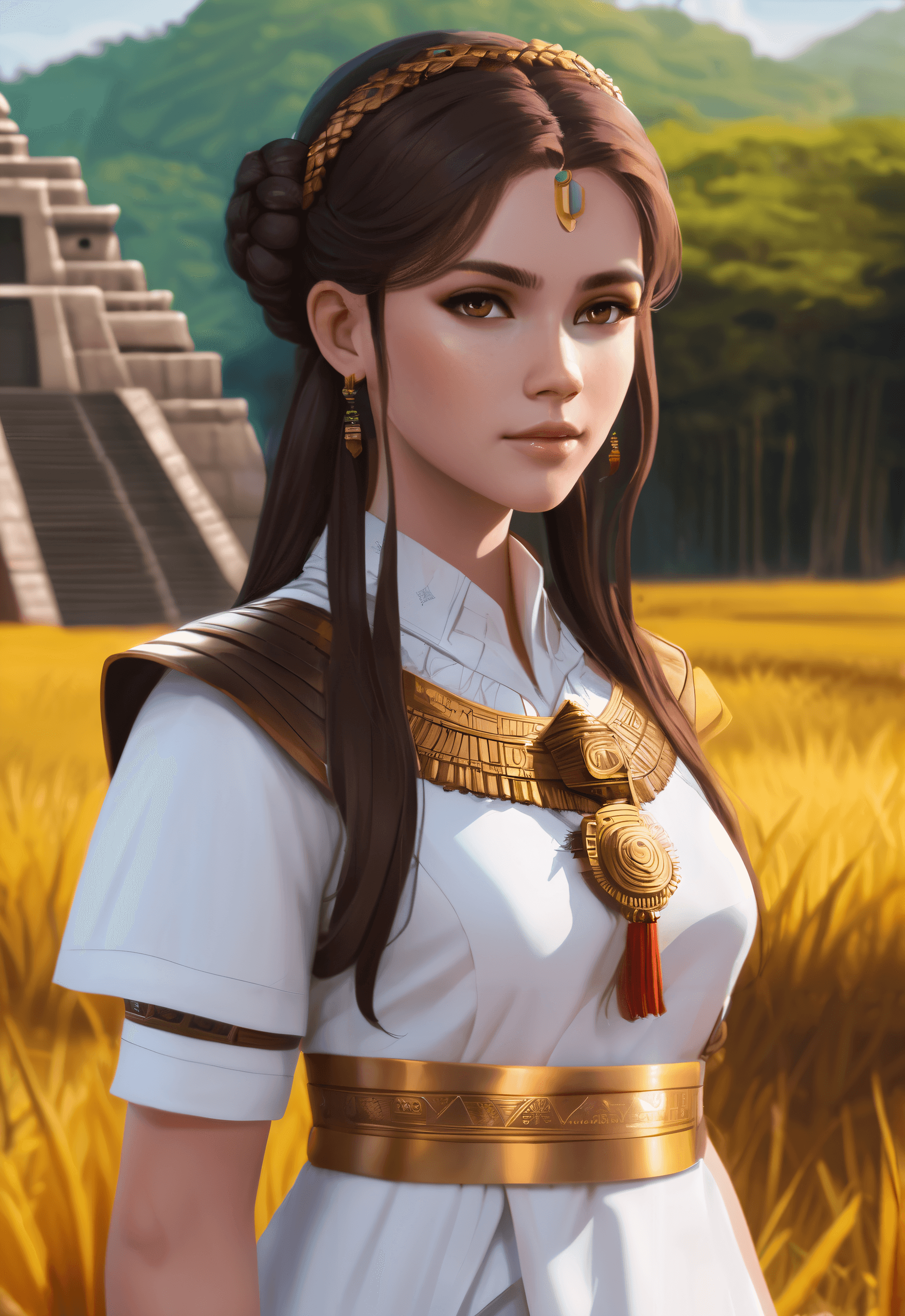 AI generated: breathtaking Masterpiece, Best Quality 1girl, spiked bracelet, Ancient Mayan Temple in a Jungle Clea...