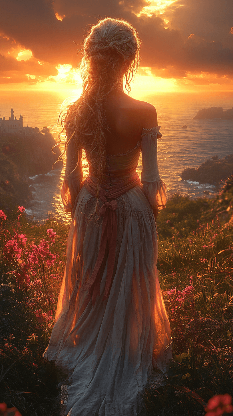 AI generated: A cinematic, realistic sunset scene: a pale-skinned woman with flowing, wavy blonde hair stands on a...