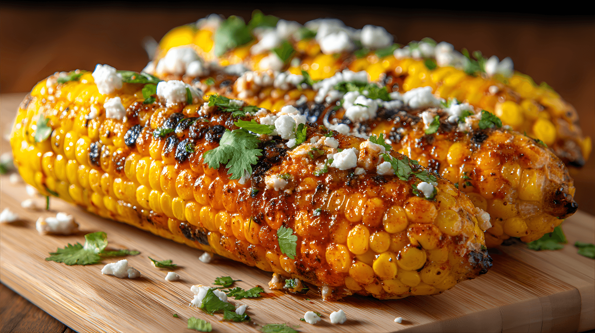 AI generated: several grilled corn on the cob,  sprinkled with crumbled feta cheese and fresh cilantro,  with visi...