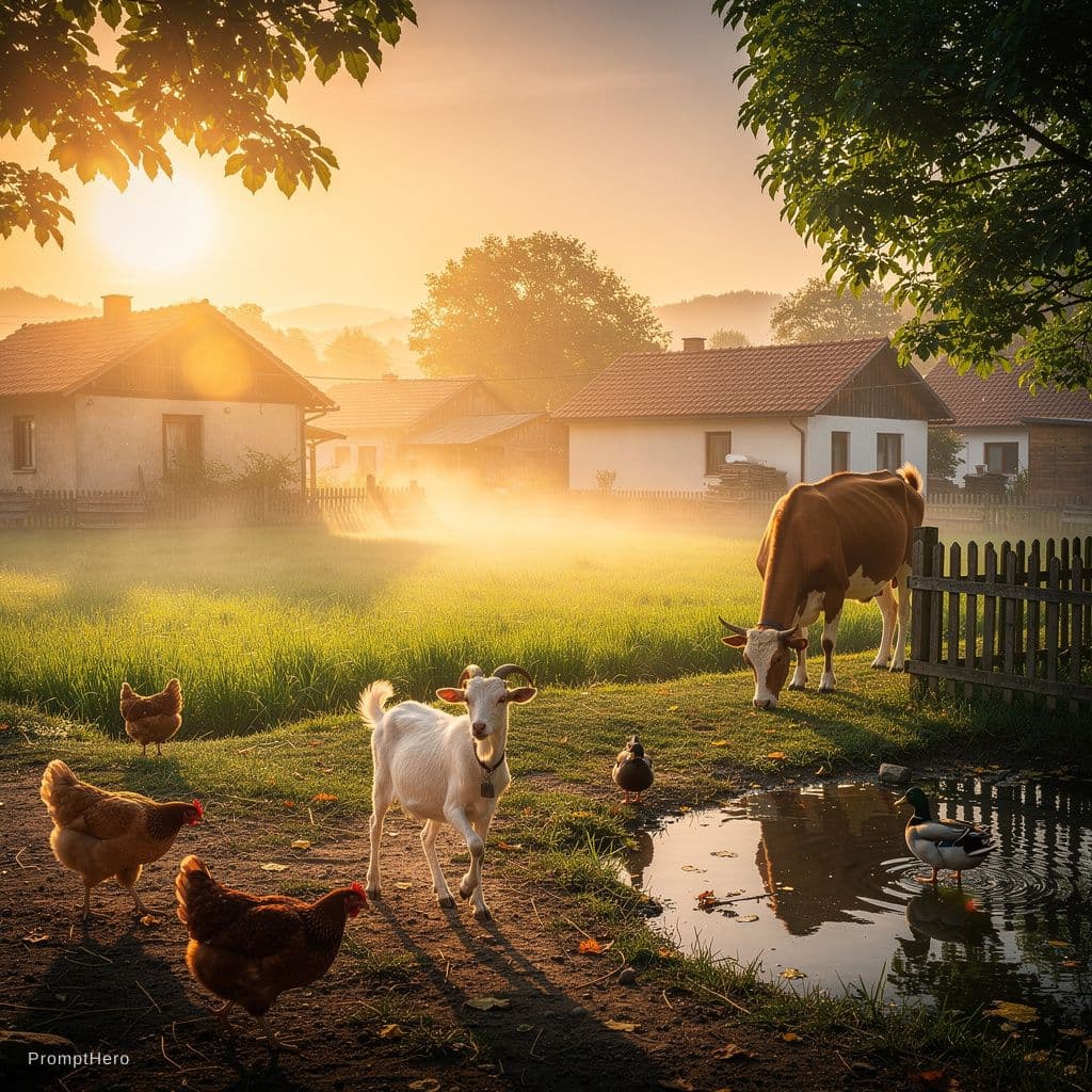 AI generated: A beautiful village moring, sunshine, chicken, goat, cow, duck, active and happily