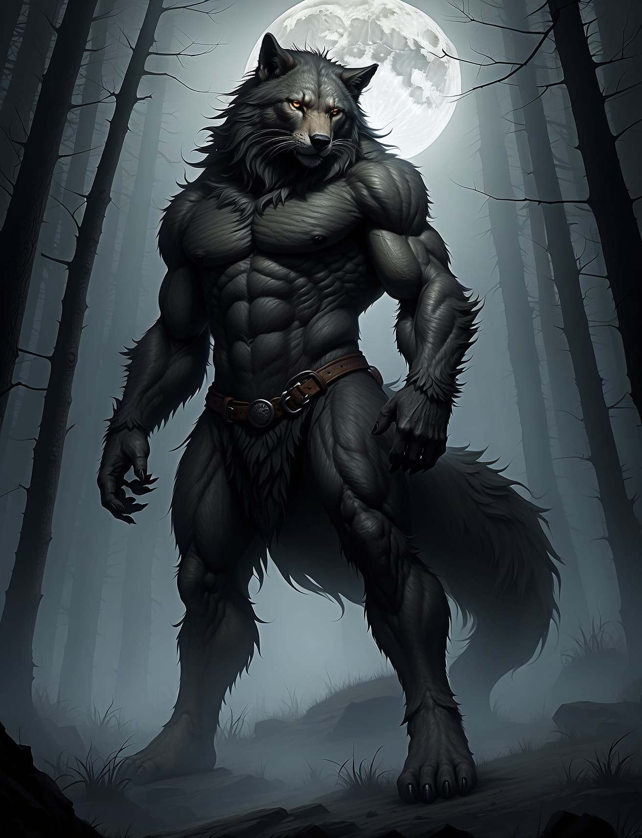 AI generated: As the full moon rises above the dark and foggy forest, a majestic werewolf stands tall, its fur gli...