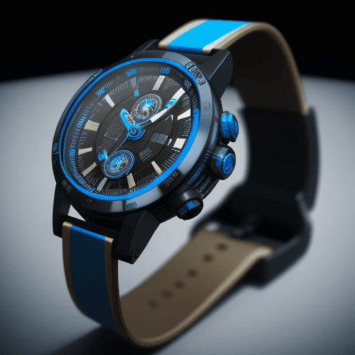 AI generated: a futuristic black and blue wrist watch, shot on Agfa Vista 200, side-angle view, 4k --ar 16:16 --st...