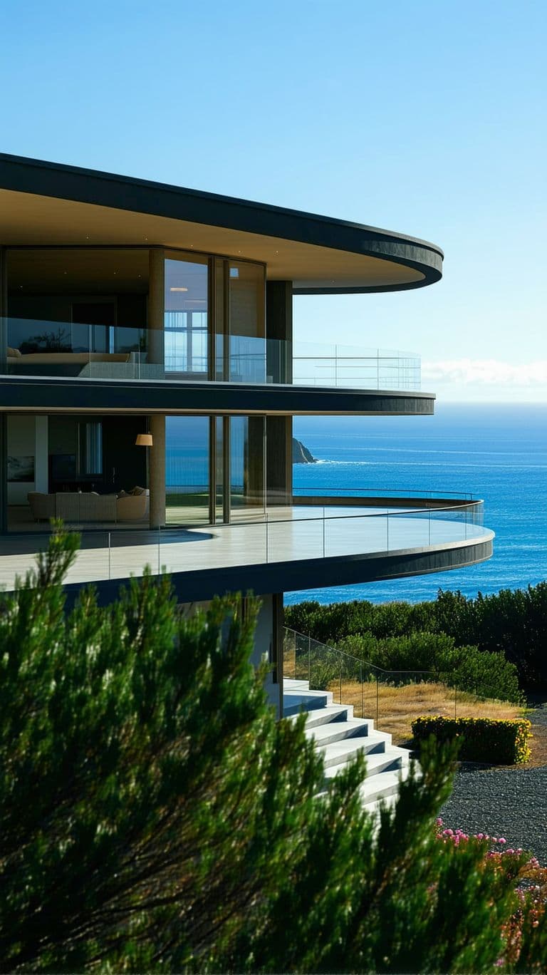 AI generated: Hyper realistic eye level exterior photo of a mid century modern style house overlooking the ocean, ...