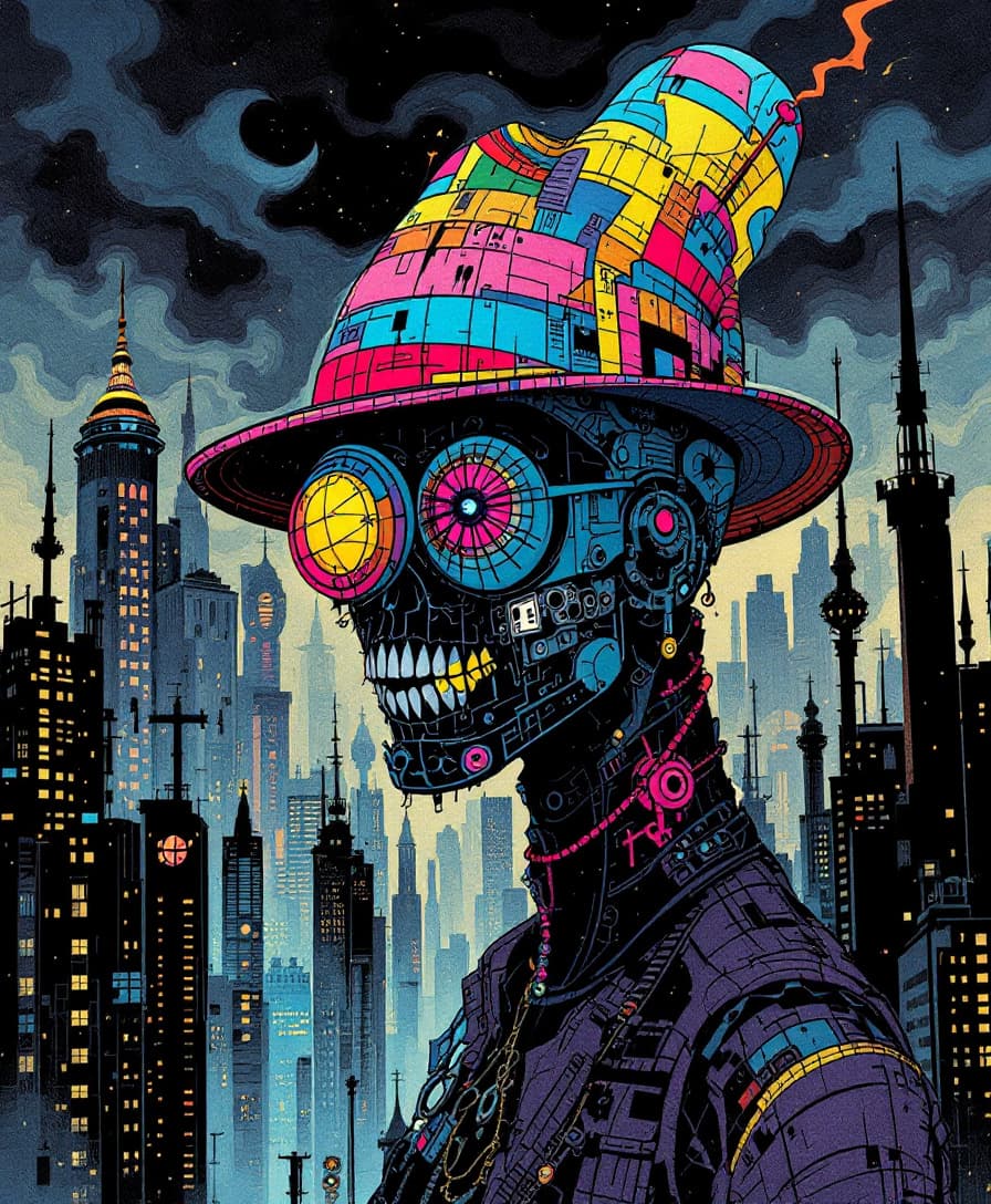 AI generated: drawing with a multi-colored hat, in the style of gloomy metropolises, pop culture mash-up, intricat...