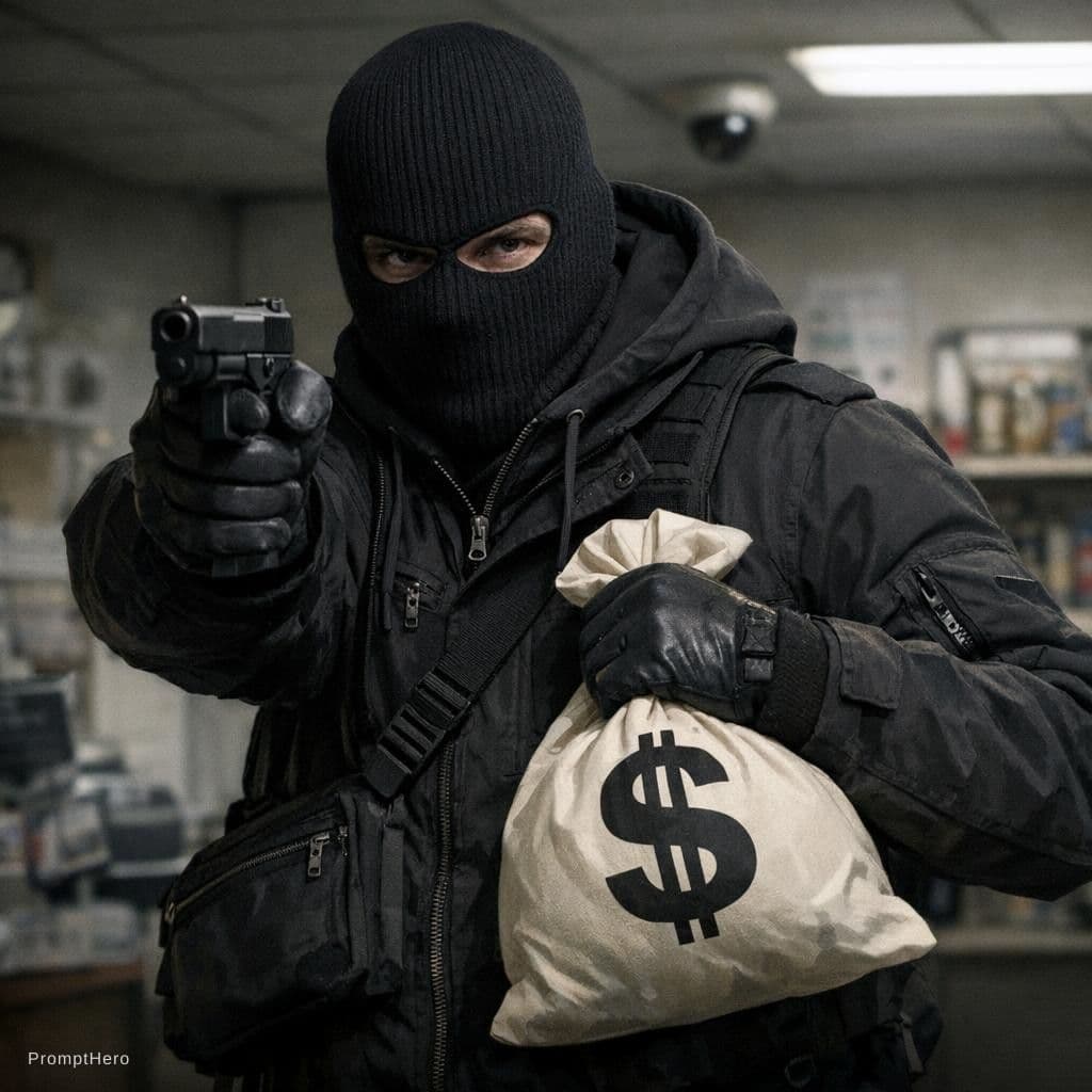 AI generated: Create a image of a masked robber using the reference images 