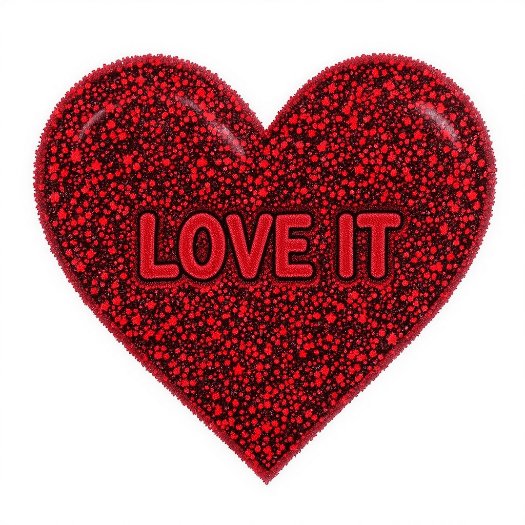 AI generated: highly detailed red glitter heart with 'LOVE IT' centered inside. Image is isolated on a white backg...