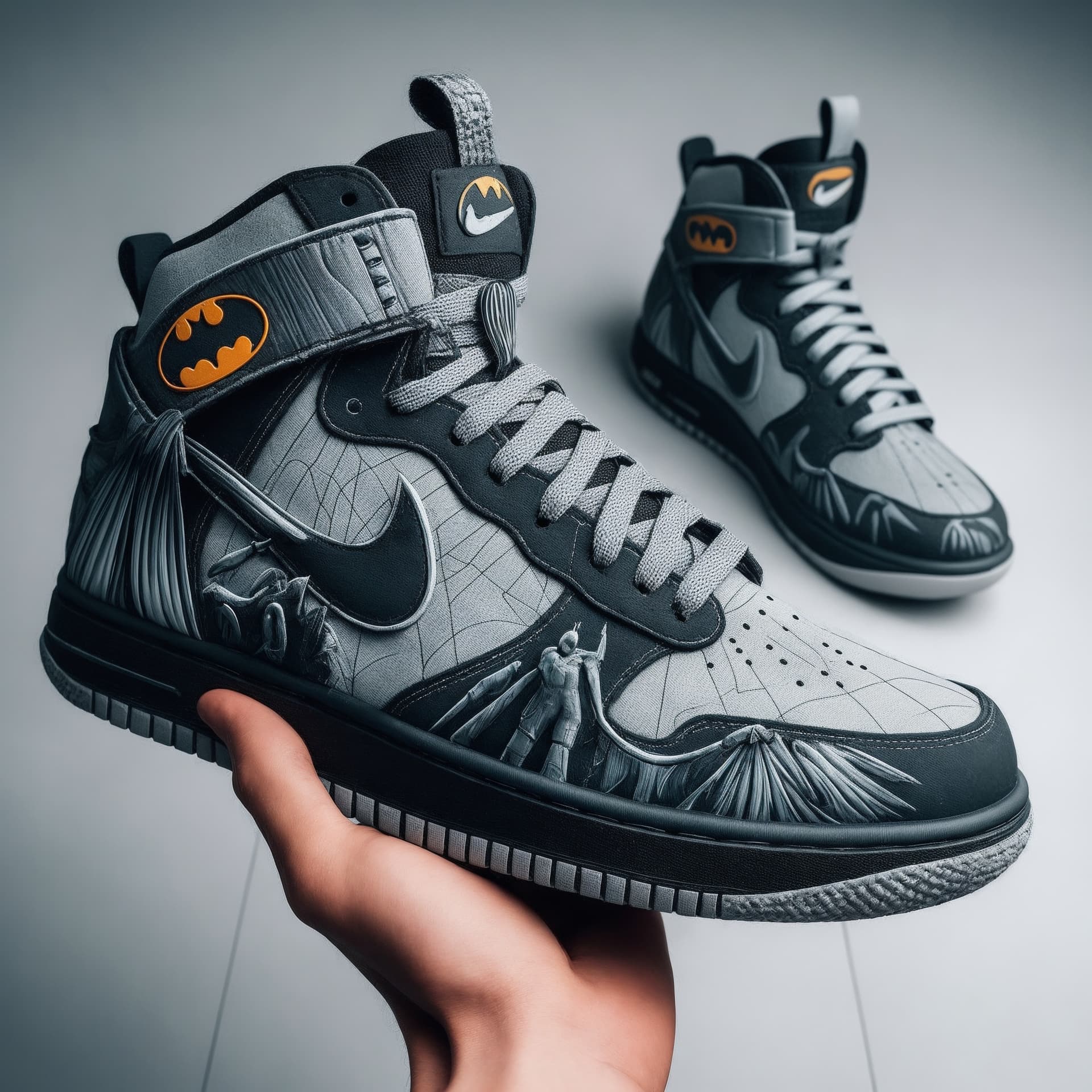 AI generated: Exceptionally detailed Nike sneaker design inspired by Batman, crafted with meticulous precision. Re...