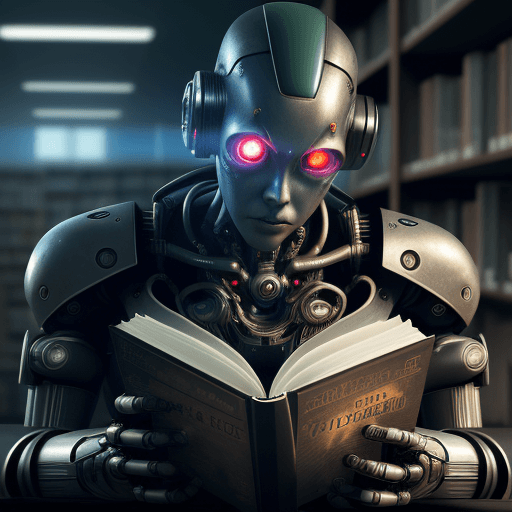 AI generated: High resolution photography, library, , robot, cyberpunk, reading book, laser eyes,
8k, intricate de...