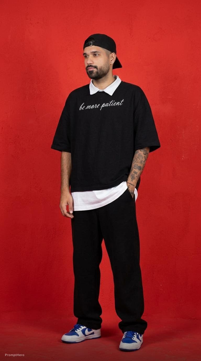 AI generated: capturing a casual yet stylish vibe, a figure in a loose, oversized black street wearing and wide-le...