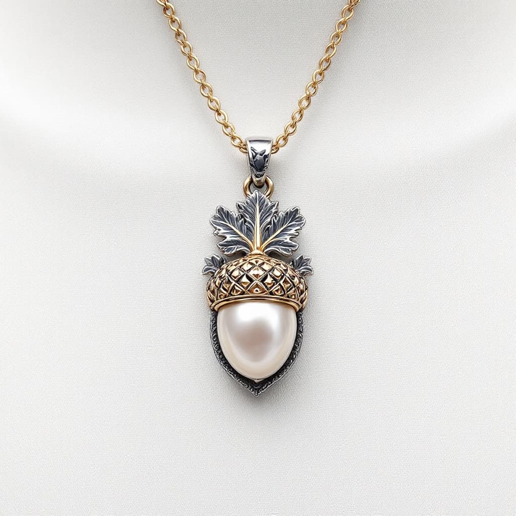 AI generated: an (oak leaf) and a pearl acorn (pendant), made in silver and gold