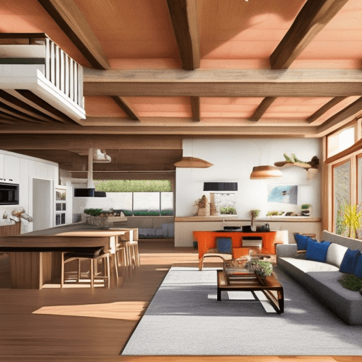 AI generated: a living room in a house, open kitchen, wooden ceiling, funky coloful decorated, photorealistic, nat...