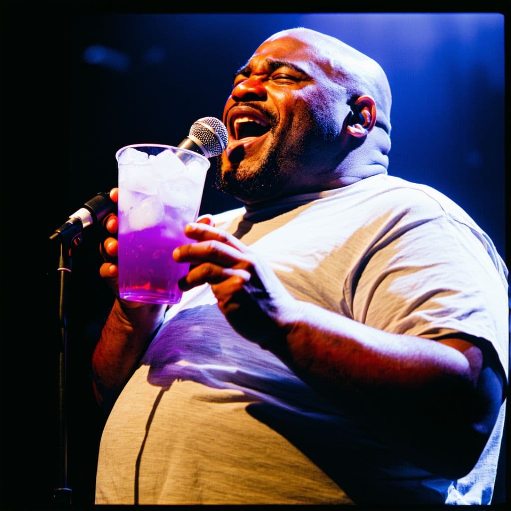 AI generated: very fat, obese, massive, bald black man in the world holding a cup of purple drink with ice cubes, ...