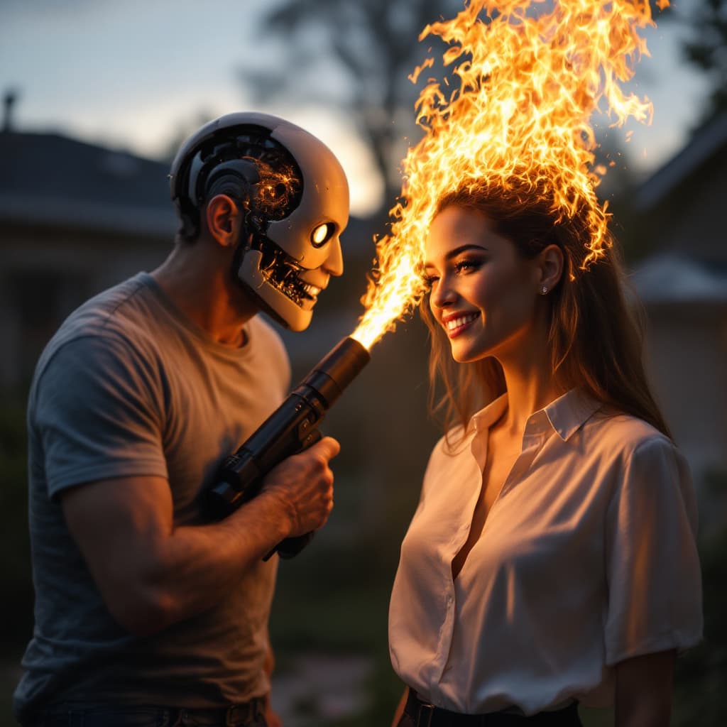AI generated: An everyday middle-aged man in a t-shirt and jeans awkwardly wields a flamethrower, firing a stream ...