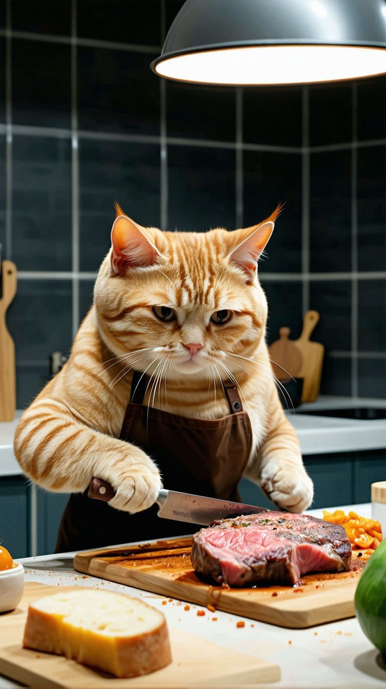AI generated: Orange cute fat cat is cutting a steak in the kitchen. 