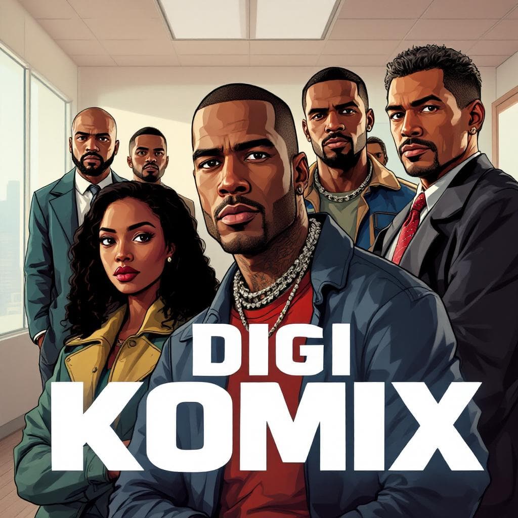 AI generated: Cartoon illustration, comic book cover featuring of diverse men and women, inside a modern office. a...