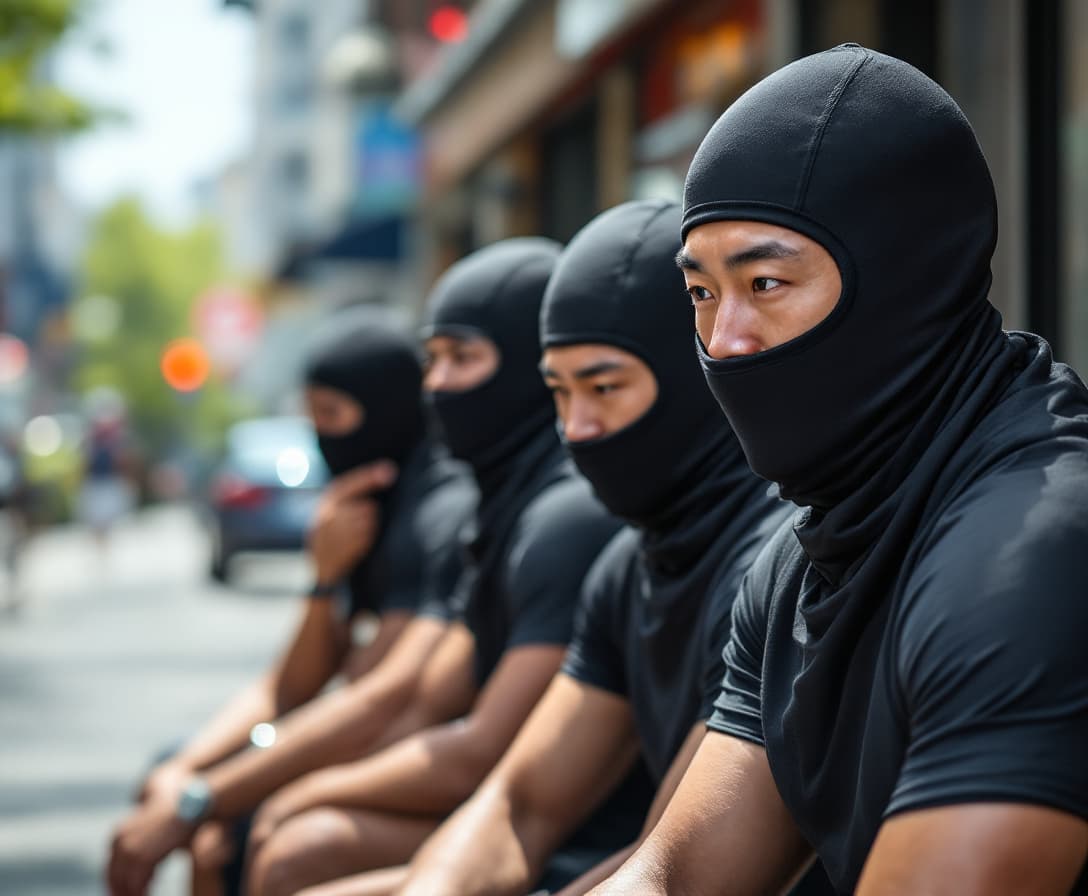 AI generated: Four male Asian Chinese strong athletes wearing compression jammers were arrested in day time. They ...