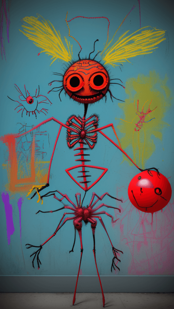 AI generated: graffitied on the wall invision my imaginary friend a Absurd Embroidery bird head spider legs red or...