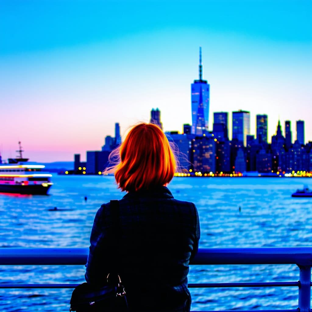 AI generated: Red head model on the deck of the Staten Island Ferry gazing at Lower Manhattan during blue hour, as...